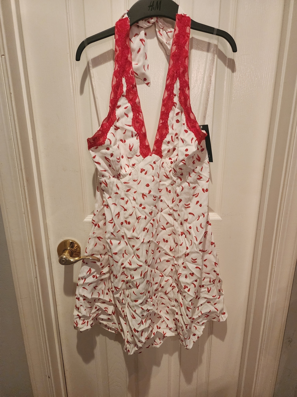 wild fable White Halter Dress with Red Print & Red Lace Trim